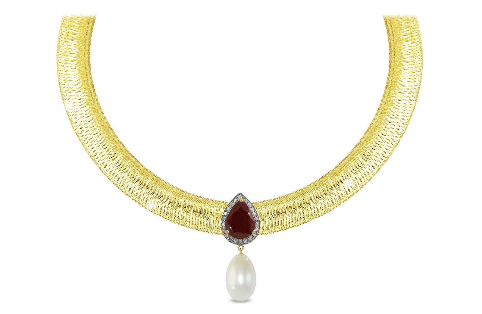 Vera Perla 18K Gold 0.12ct Diamonds, Ruby and 13mm White Pearl Necklace